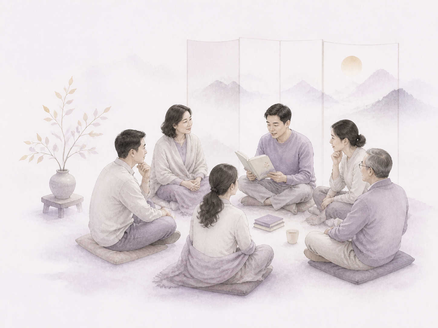 修习者与培训员围坐在一起读书和聆听